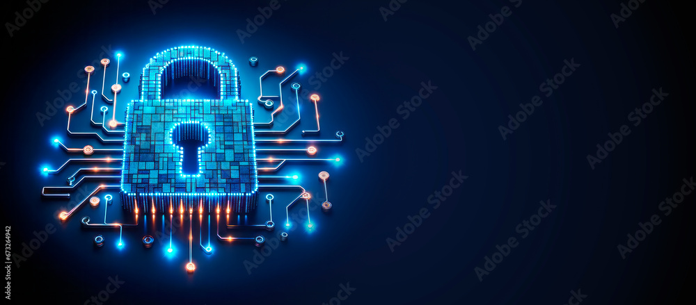 Poster Cyber security concept. Digital lock on circuit board. Generative AI