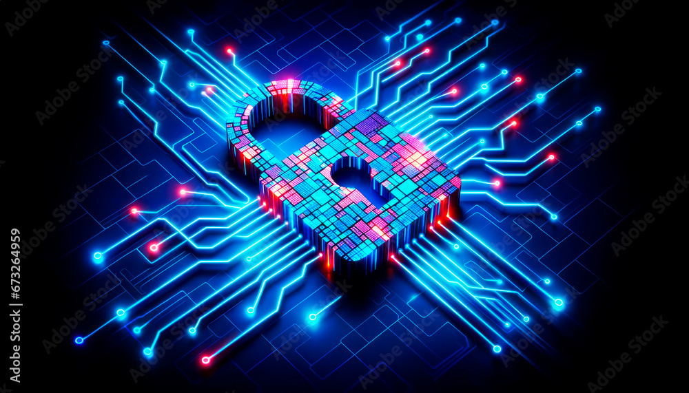 Poster Cyber security concept. Digital lock on circuit board. Generative AI