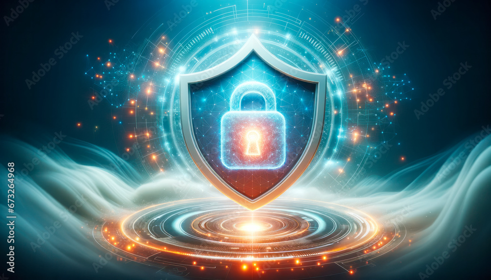 Poster Cyber security concept. Shield with closed padlock on blue background. Generative AI