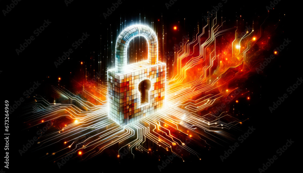 Poster cyber security data protection business technology privacy concept. lock on circuit board. generativ