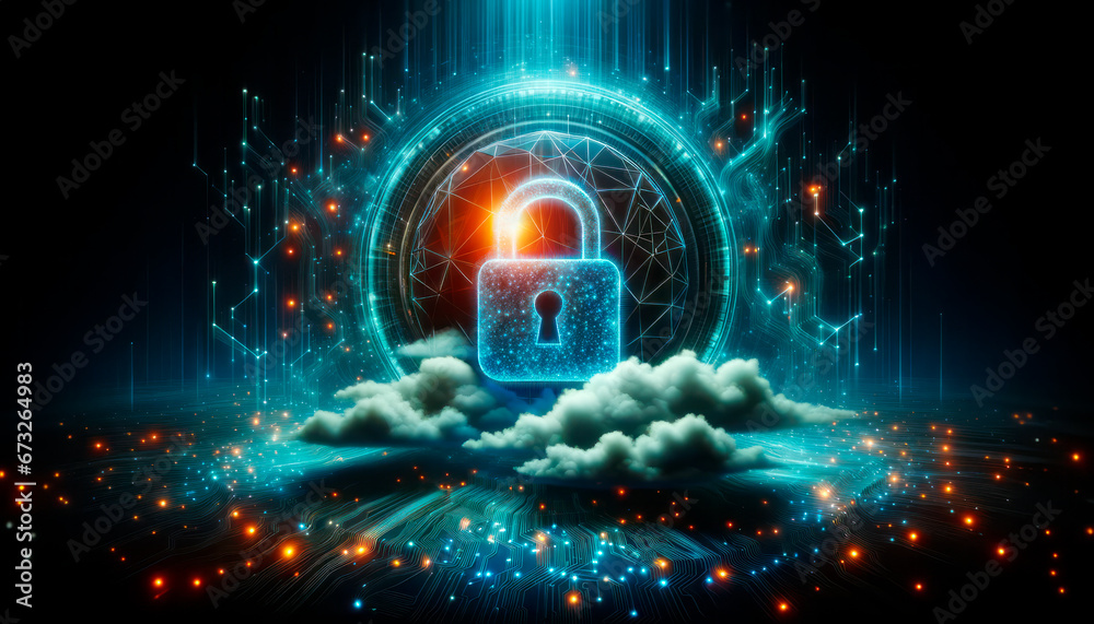 Poster Cyber security concept with glowing padlock on dark background. Generative AI