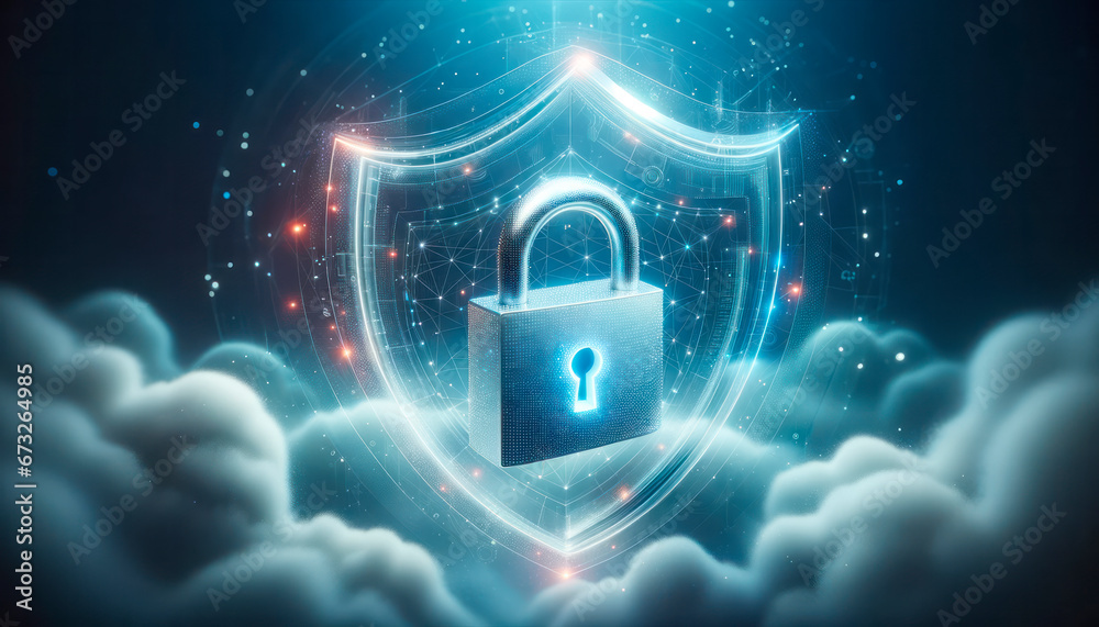 Poster Cyber security concept with padlock and cloud. Generative AI