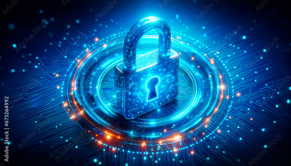 Poster Cyber security concept with padlock on circuit board. Generative AI