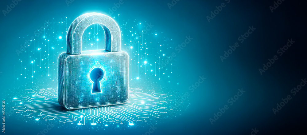 Poster Cyber security and data protection concept with lock on digital circuit board background with empty space. Generative AI
