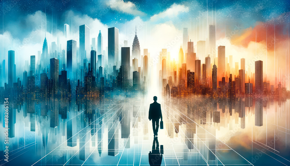 Poster businessman walking on abstract city background with skyscrapers and clouds. generative ai