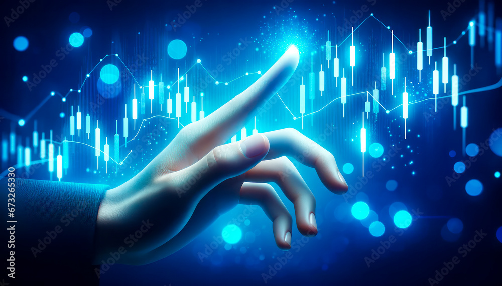 Poster close up of human hand touching with finger virtual panel with forex chart. generative ai