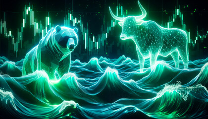 Bull and bear on abstract background with forex chart. Generative AI - obrazy, fototapety, plakaty