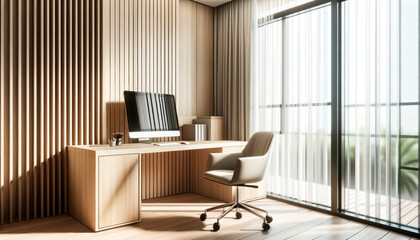 Wooden office interior with furniture and window with city view. Workplace and lifestyle concept. Generative AI