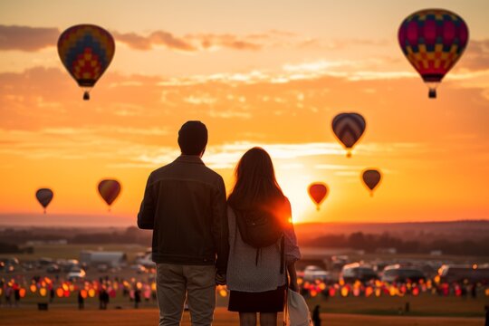 Couple Watching Hot Air Balloon Takeoff At Sunrise