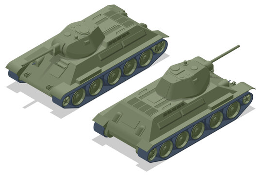 Isometric Tank USSR, Medium Tank T-34 T-76. Armoured fighting vehicle designed for front-line combat, with heavy firepower