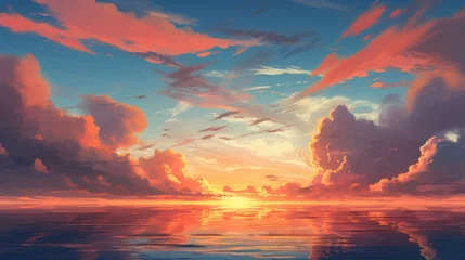 Fototapeten Beautiful landscape background. Cartoon summer sunset with clouds and lake. Anime style © Alexander Kurilchik