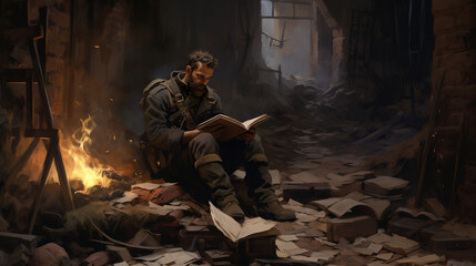  expansive war literature scene, with a serene library or archive and a central person reading a wartime memoir, emphasizing the role of literature in preserving the history and stories of war