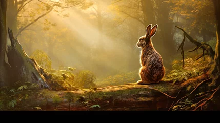 Foto op Aluminium hare sitting on the ground in the forest © bmf-foto.de
