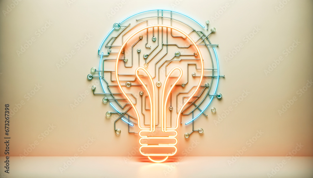 Poster Neon light bulb with circuit board on wall. Idea concept. Generative AI