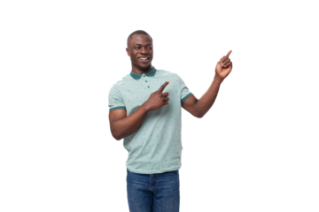 young african man dressed casually pointing with his hand to the side at an advertisement while standing on a white background with copy space
