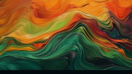Abstract painted acrylic oil colour 3d texture, overlapping layers of green orange waving waves...