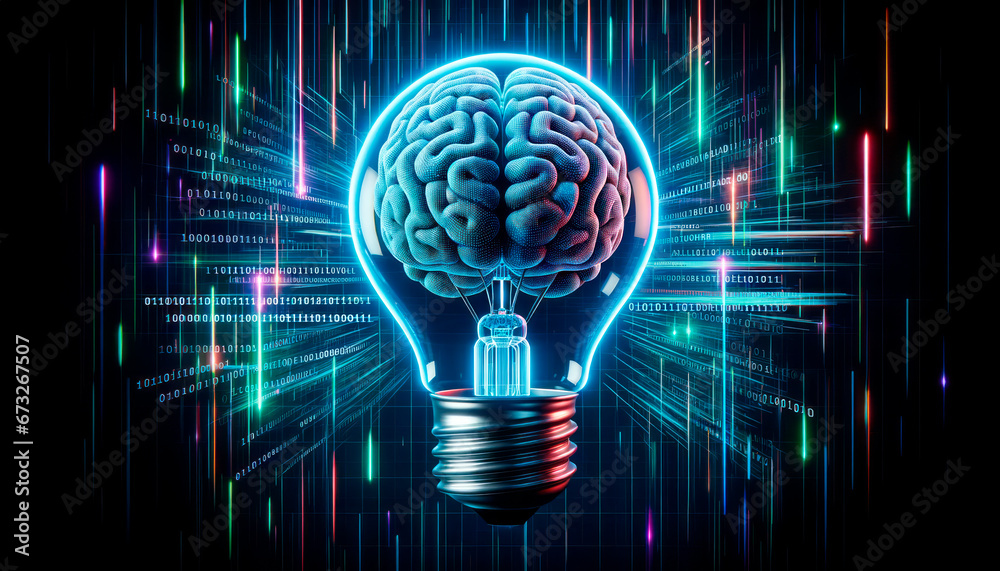 Poster human brain and light bulb on abstract background. generative ai