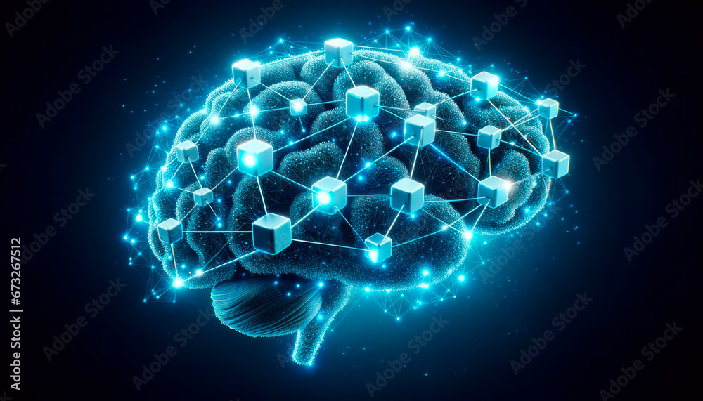 Poster human brain with connections on blue background. artificial intelligence concept. generative ai