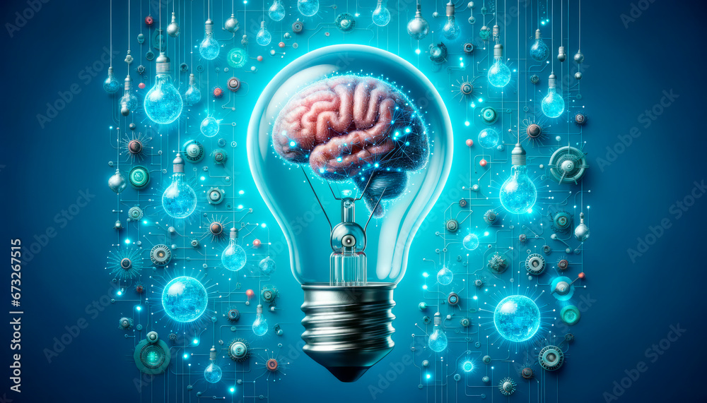 Poster brain inside light bulb on blue background. brainstorming concept. generative ai