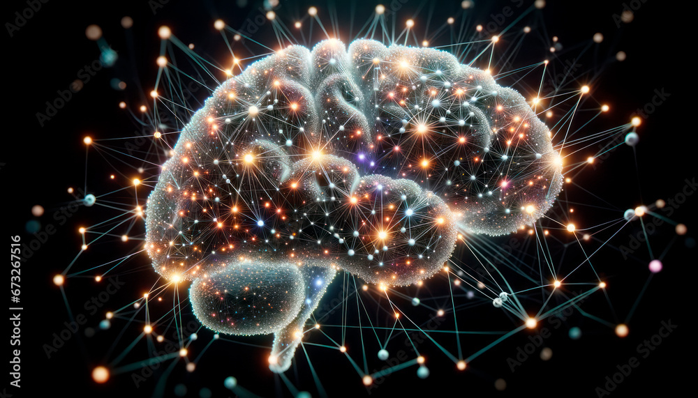 Poster human brain with digital connection lines on dark background. generative ai