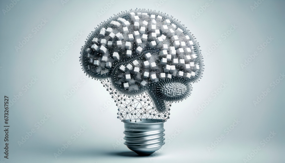 Poster Digital image of human brain in lightbulb against grey vignette background. Generative AI