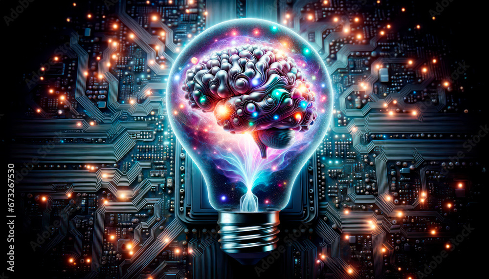 Poster human brain in light bulb on circuit board background. generative ai