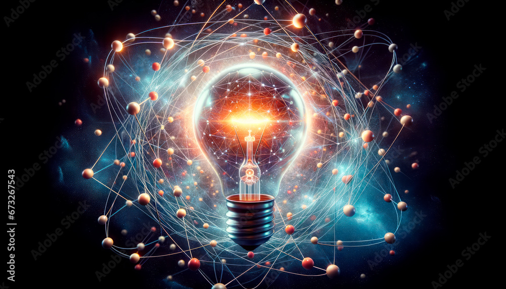 Poster Conceptual image with light bulb and connection lines. Generative AI