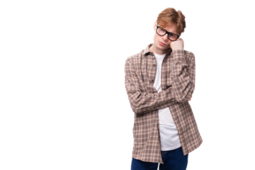 handsome red-haired caucasian student guy in glasses dressed in a plaid shirt is upset on a white background with copy space