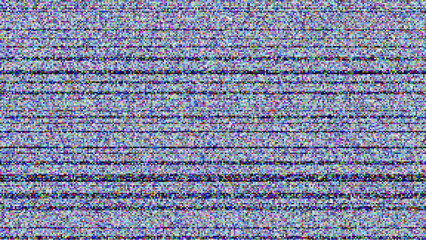 Static noise of TV broadcast error texture with black stripes and colored pixels. No signal or VHS glitch seamless pattern. Abstract vector background. - obrazy, fototapety, plakaty