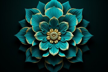 Abstract mandala artwork in turquoise for Diwali festival, representing a three-dimensional flower. Visualized through 3D rendering. Generative AI