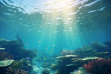 Oceanic underwater scene with coral reef and sunlight reflecting on water surface. Generative AI