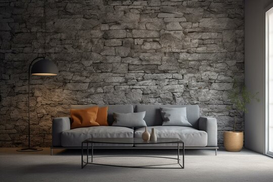 Living room with gray sofa and stone wall. Generative AI