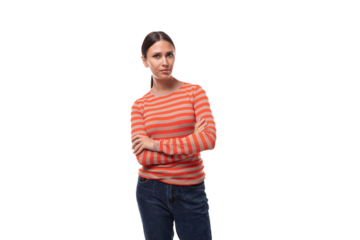 30 year old slim european woman dressed in a casual orange blouse isolated on white background with copy space