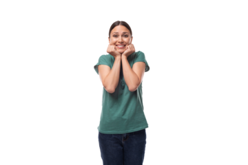young happy brunette woman in t-shirt rejoices on white background with copy space