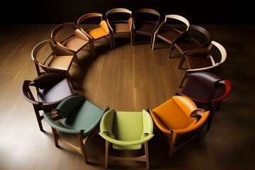 Chairs form a circular arrangement. Generative AI