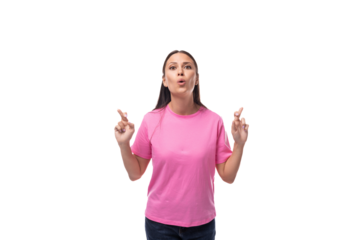 young slender European woman with black straight hair dressed crossed her fingers in anticipation