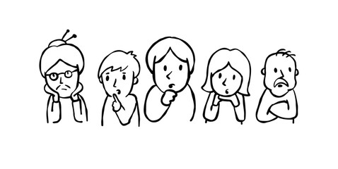 Confused Sketch Man and woman. Family with trouble. Gesture of unsure or doubtful. Puzzled and thinking expression. Husband and wife, grandparents, son and daughter doodle character.