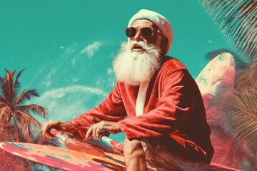 Collage of Santa Claus in retro vaporwave style with santa hat, glasses and surf boards, computer, palm trees on old newspaper background. Generative Ai - obrazy, fototapety, plakaty