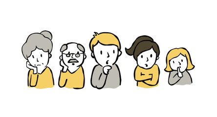 Confused Sketch Man and woman. Family with trouble. Gesture of unsure or doubtful. Puzzled and thinking expression. Husband and wife, grandparents, son and daughter doodle character.