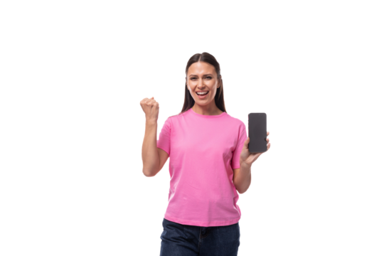 young smart good-looking woman with black hair dressed in a pink t-shirt holding a smartphone with an advertisement