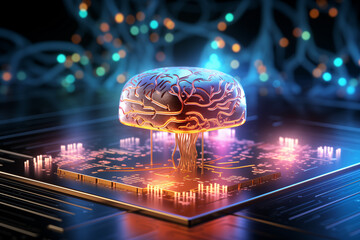 Human brain 3d model, circuit chip, quantum computer concept, biological computer concept, artificial intelligence chip concept, Ai