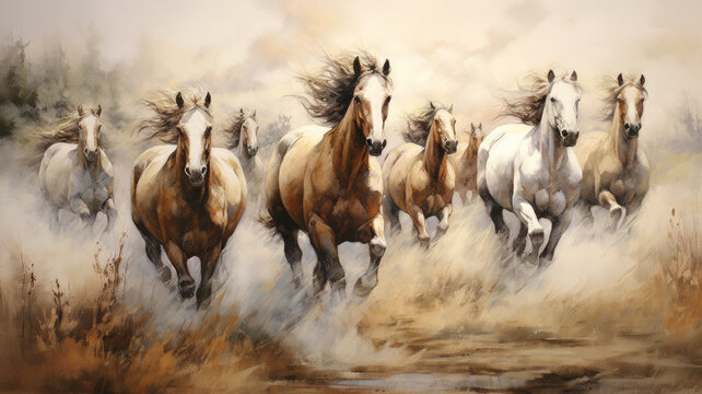A herd of wild horses galloping in the grassland. Digital painting.