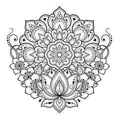 Circular pattern in form of mandala with Lotus flower for Henna, Mehndi, tattoo, decoration. Decorative ornament in ethnic oriental style. Outline doodle hand draw vector illustration.
