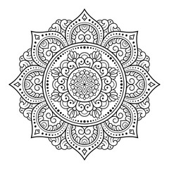 Circular pattern in form of mandala with flower for Henna, Mehndi, tattoo, decoration. Decorative ornament in ethnic oriental style. Outline doodle hand draw vector illustration.