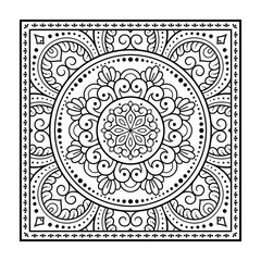 Decorative pattern of flowers and paisley for printing on fabric. Ornament for a bandana, a silk neckerchief, a tablecloth or a kerchief. Square sketch in tribal or oriental style.