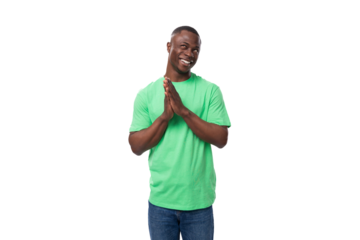 young charismatic energetic american guy promoter dressed in a mint t-shirt