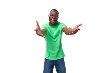 young happy friendly american man dressed in green t-shirt and jeans
