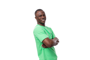 portrait of young successful handsome american man in green t-shirt and jeans