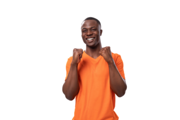 young charismatic strong african man in orange t-shirt isolated on white background with copy space
