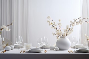 Fototapeta na wymiar Elegant White Kitchen with Easter Table